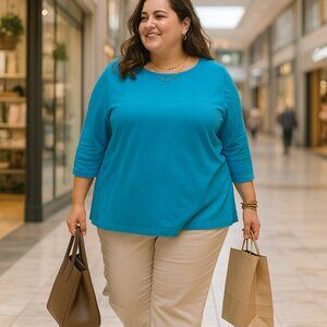 Talbots Top 3X Turquoise Blue Pima Cotton 3/4 Sleeve Boat Neck Normcore Casual